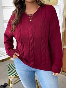 SHEIN LUNE 女士加大码圆领纯色休闲系带后背套头毛衣，秋冬针织套头衫 - 酒紅色 - 查看 6