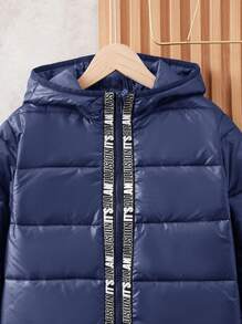 SHEIN Leap Crew Tween Boy Two-Tone Letter Ribbon Long Padded Coat, Warm For Winter - Navy Blue - View 6