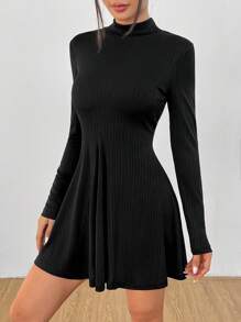 SHEIN PETITE Asymmetrisches geripptes Damenkleid mit kleinem Stehkragen und A-Linie, modischer Grundstil, geeignet für Herbst und Winter - Schwarz - Übersicht 7