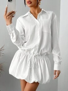 SHEIN SXY Vestido camisero minimalista y profesional con cuello blanco, estilo sexy y lindo a rayas para otoño/invierno - Blanco - Ver 5