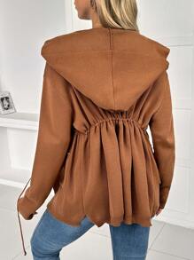 SHEIN 孕妇秋冬纯色长袖抽绳腰部双口袋休闲连帽开衫 - 棕色 - 查看 2