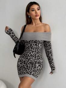 SHEIN Unity Sexy Off-Shoulder Leopard Print Sweater Dress Fall Cloth For Women - Multicolor - View 5