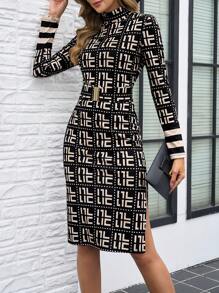 Ellevyn Đầm ôm body dệt kim cổ lọ dài tay in họa tiết hình học cho nữ, quần áo thu đông mùa đông cho nữ Đầm cổ lọ dài tay thanh lịch cho nữ Đầm dài tay - Nhiều màu - Xem 6