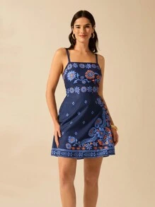 CAJUNI 女士度假休闲夏季波西米亚风热带植物、杜鹃花、向日葵印花黑色吊带短裙 - 彩色 - 查看 3