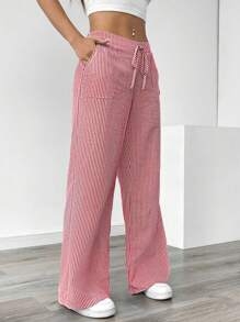 Chiquease 女士蓝白条纹低腰阔腿裤，休闲适合度假过年衣服 - 紅色 - 查看 5