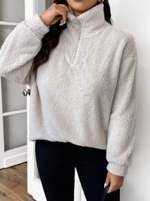 SHEIN Frenchy Casual Minimalist Double-Sided Fleece Warm Plus Size T-Shirt, Autumn/Winter - Beige - View 6