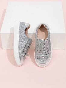 1 Pair Fashionable Glitter Lace-Up Flats Sport Shoes For Girls