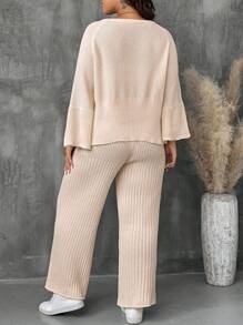 EMERY ROSE Conjunto de punto de 2 piezas talla grande compuesto por un jersey casual de escote de barco y mangas de murciélago en color albaricoque talla grande pantalón de pierna ancha, para otoño e invierno