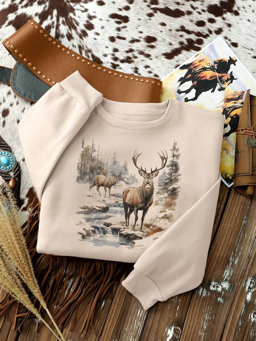 INAWLY Sudadera de forro polar con estampado de paisaje y ciervo para mujer, informal, para otoño/invierno, top de manga larga