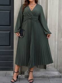 Vionelle Elegantes dunkelgrünes V-Ausschnitt plissiertes Langarm-Maxikleid in Große Größen für Damen, Herbstoutfit, einfarbige Kleidung für Urlaub und Pendeln im Herbst für Frauen - Armeegrün - Übersicht 5