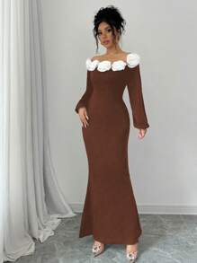 Elenzga Elegant 3D Floral Decor Off Shoulder Dress - Multicolor - View 5