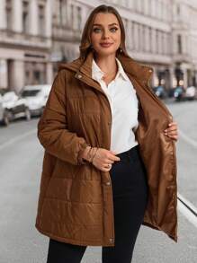 EMERY ROSE 大码新年纯色连帽长袖棉衣，女士冬季外套 - 咖啡棕 - 查看 8