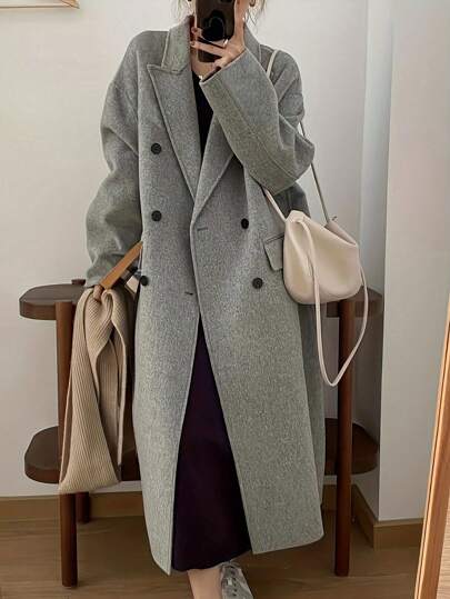 Pariaura Women's Long Gray Overcoat With Button Closure, Autumn Fall Winter Cloth For Women