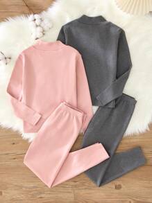 SHEIN Leap Crew 4 件套 Tween Girls 简约舒适高领落肩长袖 T 恤和紧身裤柔软纯色睡衣套装