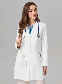 TaskEZ Women's V-Neck Long Sleeve Double Pocket Long White Coat Nurse/Doctor Work Uniform Autumn And Winter Ladies Outerwear, Health Check Surgical Gown Uniforms Women Solid Color Pet Grooming Work Uniform Tops Nutritionist Work Clothes Short Sleeve Laboratory Work Clothes, Multi-Pocket Functional Work Clothes, Functional Women's Clothing Can Be Worn On Christmas, Women's Fashion Coat, Front Placket Button Design Fashionable And Easy To Put On And Take Off