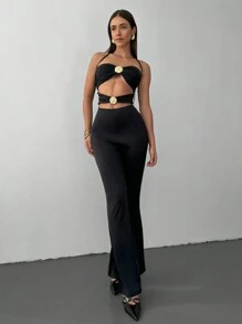 Aloruh Women's Solid Color Hollow Pleated Halter Backless Sexy Sleeveless Jumpsuit