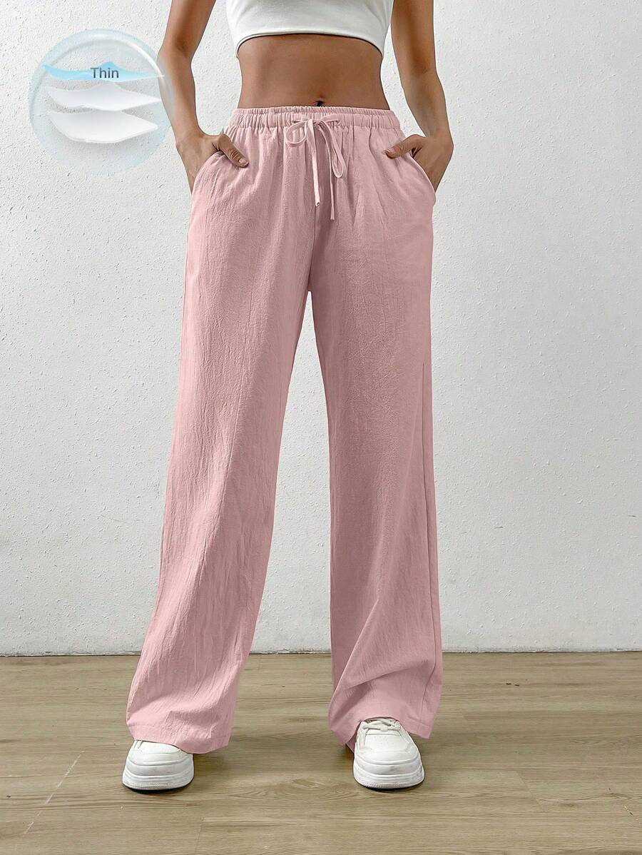 SHEIN EZwear Cotton Loose Straight Drawstring Waist Slant Pocket Pants
