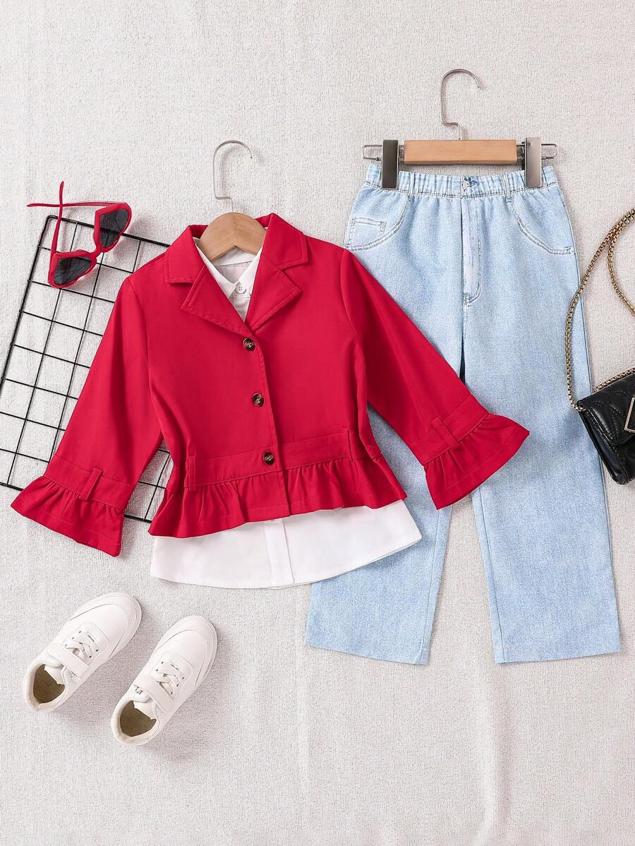 3 件套年轻女孩休闲时尚服装，纯色翻领喇叭袖单排扣夹克、纯色衬衫和牛仔效果印花裤，秋季 - 紅色 - 查看 1
