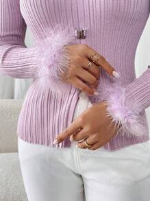 Modelyn Dames effen kleur patchwork fuzzy trim mouw mode trui, herfst/winter