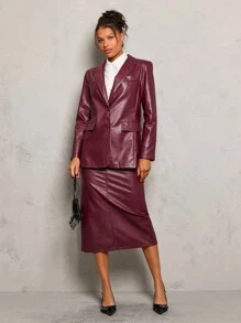 Glamine Conjunto de traje de mujer con blusa de manga larga con botones al frente y falda de tiro alto de PU, sencillo y elegante - Burdeos - Ver 3