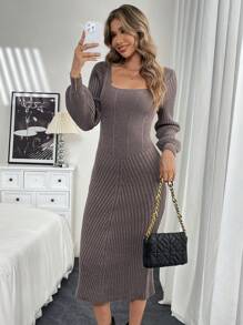 SHEIN Clasi Square Collar Knitted Long Dress, Cinched Waist Waist, Versatile Sweater Dress For Women