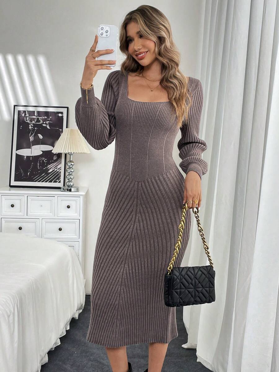SHEIN Clasi Square Collar Knitted Long Dress, Cinched Waist Waist, Versatile Sweater Dress For Women
