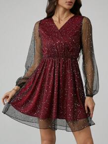 SHEIN Tall Splatter Paint Lantern Sleeve Surplice Neck Mesh Dress Without Belt - Burgundy - View 6