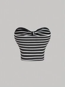 SHEIN MOD Áo thun sọc đỏ không dây xoắn phía trước, Áo thu, Áo dễ thương, Áo, Áo ống trễ vai, Áo đi chơi - Đen và trắng - Xem 2