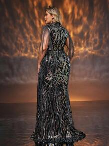 Glamrae Plus Size Black Sexy Sparkling Sequins Hollow Out Neck Fringe High Slit Elegant Formal Gown For Evening Party, Wedding Guest Dress
