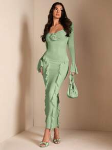 SHEIN BAE Elegant Women's Long Sleeve Fitted Shirt, Floral 3D Decor Ruffle Trim Long Maxi Dress, Suitable For Daily Wear, Dating, Outing, Party, Fall Outfits