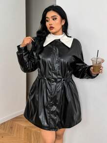 SHEIN EZwear 拼色皮夹克，加大码，中长款，冬季 - 黑色 - 查看 6