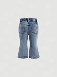 SHEIN Baby Girls Blue Denim Thermal Lined Flared Pants - Medium Wash - View 2