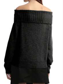 Cévolie 女士纯色黑色露肩长袖毛衣、长袖上衣 - 黑色 - 查看 2