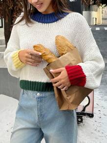 INAWLY Suéter informal de manga larga con cuello alto de bloque de color talla grande, suéter de punto para otoño e invierno - Multicolor - Ver 3