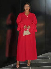 Slaydiva 优雅、派对和正式宽松纯色白色衬衫领半襟长袖多层荷叶边下摆连衣裙，大码，女式，春秋