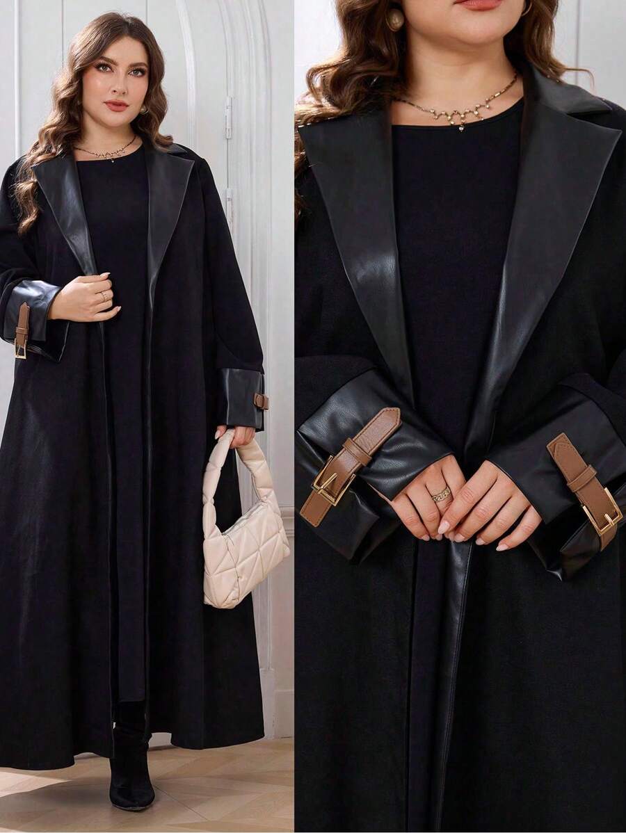 Al Najma 女式加大码翻领长袖阿拉伯简约休闲开襟长袍 Abaya，适合日常休闲/工作 - 黑色 - 查看 1