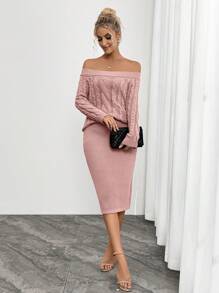 INAWLY Women 2pcs Set Solid Off Shoulder Long Sleeve Pullover Sweater And Knitted Mini Skirt, Casual For Autumn/Winter - Watermelon Pink - View 6
