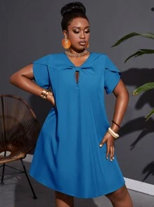 Slaydiva Plus Size Holiday Casual Loose A-Line Twist Knot Dress, Green, Non-Stretch Woven Fabric, Plus Size - Blue - View 6