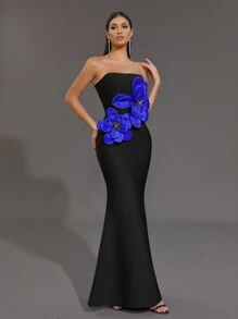 Glamrae Elegantes schwarzes trägerlose Kleid mit hoher Taille, figurbetonter Meerjungfrauenform und Blumen Dekor, elastisches Bandagendesign, für Dates, Single-Partys, Hochzeiten, festliche Abendveranstaltungen - Verschiedenfarbig - Übersicht 7