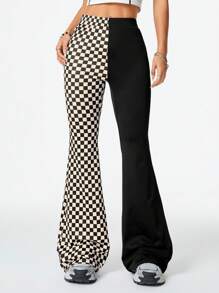 SHEIN EZwear Checkerboard Print Street Style Versatile Women Checkered Patchwork Color Block Flared Sports Pants