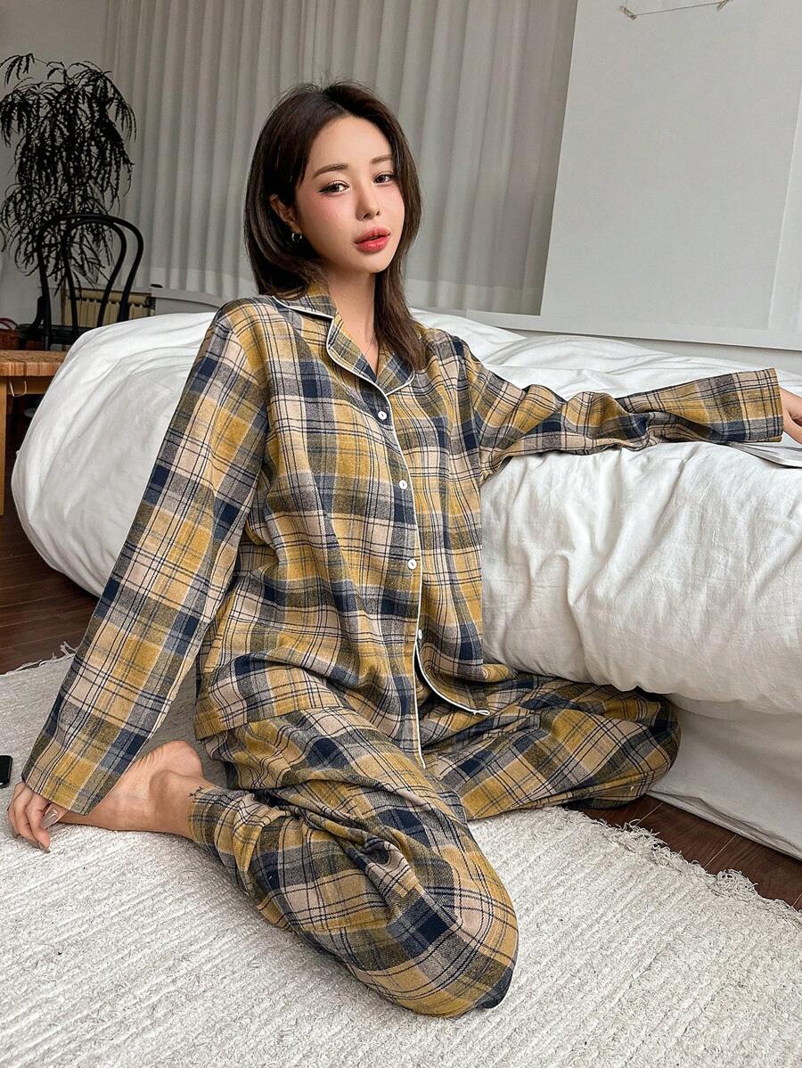 DAZY 2 件套女士格子图案前扣开合长袖上衣和裤子休闲睡衣套装