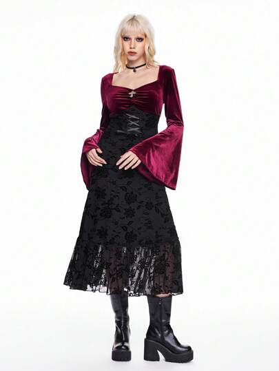 Goth Women's Witch Style Fairycore Square Neck Flocked Patchwork Flocked Flare Sleeve Dress