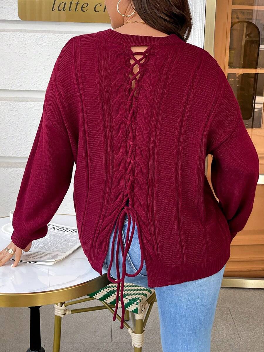 SHEIN LUNE 女士加大码圆领纯色休闲系带后背套头毛衣，秋冬针织套头衫 - 酒紅色 - 查看 1