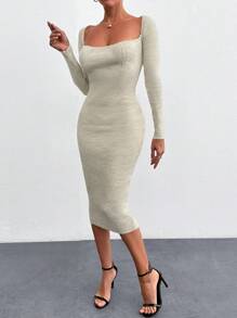 EURMUSE 1 件女式纯色长袖休闲长款毛衣连衣裙 - 杏色 - 查看 6