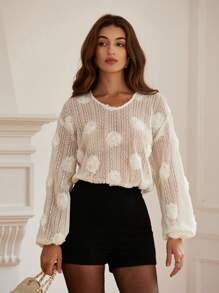 EMERY ROSE Áo cánh hoa họa tiết cổ chữ V dài tay cho nữ, trang phục dự tiệc mùa thu/đông dễ thương, áo sơ mi vui nhộn - trắng - Xem 3