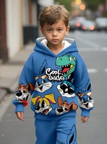 SHEIN Leap Crew 2 件套年轻男孩卡通动物运动图案宽松休闲套头连帽运动衫，舒适合身，适合秋冬季