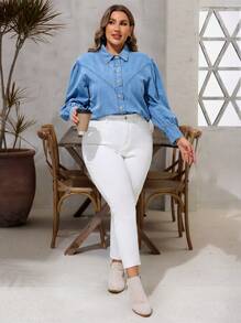 SHEIN LUNE Camisa vaquera casual de manga larga con un solo botonadura, de talla grande para mujer, otoño