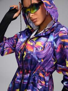 Innovista Women Casual Outdoor Wave Print Zipper Front Drawstring Waist Hooded Sports Jacket