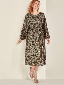 SHEIN Clasi Vestido de mujer de talla grande con cuello redondo, mangas farol y estampado de paisley con lámina, vestido maxi de otoño para mujer - Multicolor - Ver 6