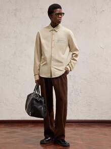 AKNOTIC Business Casual 男士卡其色编织拼色领扣长袖衬衫，适合秋冬季带字母印花，老钱宽松衬衫，可作为男友礼物 - 卡其色 - 查看 6